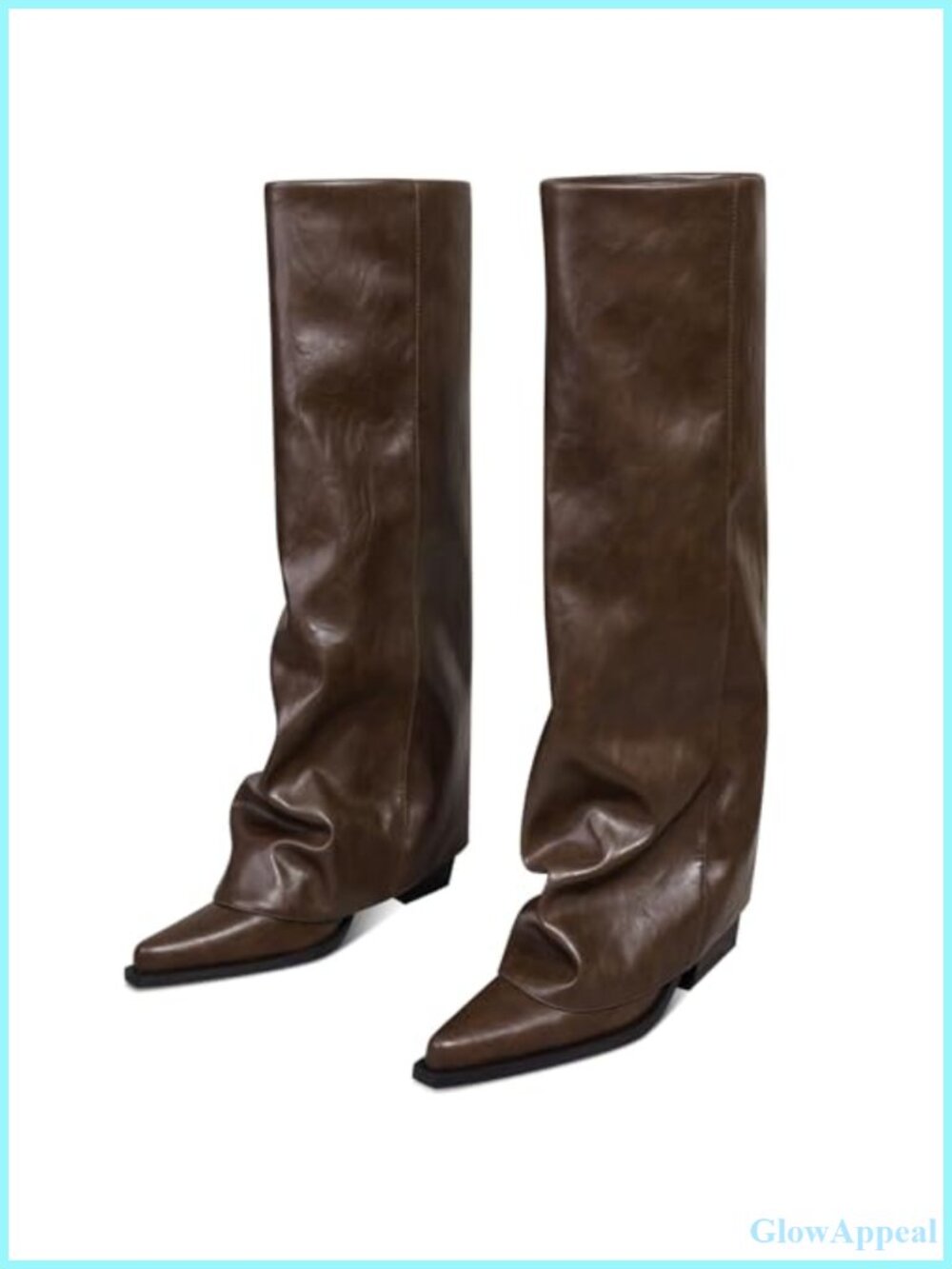 Fold Over Knee High Boots Chunky Heel Wide Calf Faux Leather